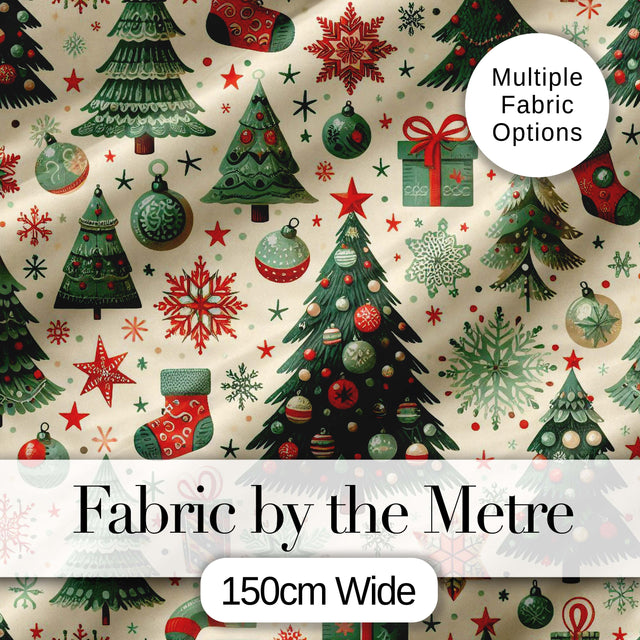 Christmas Trees Snowflakes Ornaments  Festive Holiday Winter Design Digital Print Fabric by the Metre UK Sewing Quilting Textile