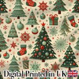 Christmas Trees Snowflakes Ornaments  Festive Holiday Winter Design Digital Print Fabric by the Metre UK Sewing Quilting Textile