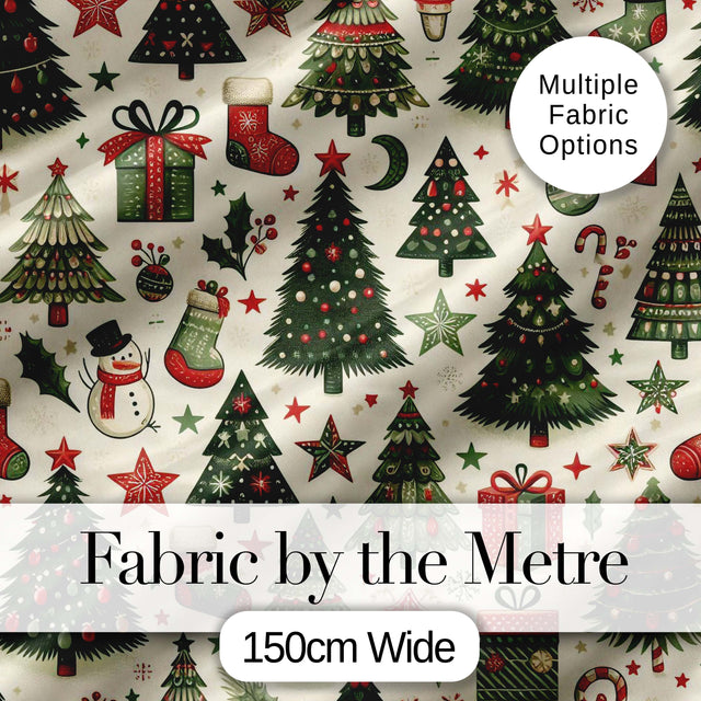 Elegant Christmas Trees Baubles Stars Seamless Pattern Festive Holiday Design Digital Print Fabric by the Metre UK Sewing Quilting Textile
