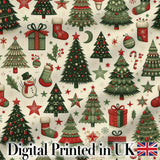Elegant Christmas Trees Baubles Stars Seamless Pattern Festive Holiday Design Digital Print Fabric by the Metre UK Sewing Quilting Textile