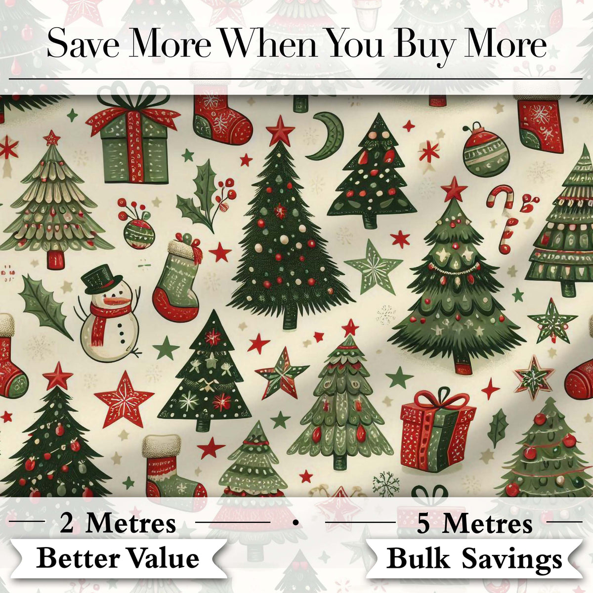 Elegant Christmas Trees Baubles Stars Seamless Pattern Festive Holiday Design Digital Print Fabric by the Metre UK Sewing Quilting Textile