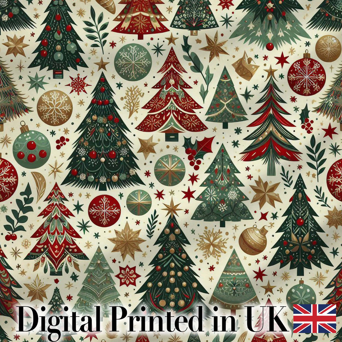 Vintage Christmas Trees Ornaments Stars Seamless Pattern Festive Holiday Design Digital Print Fabric by the Metre UK Sewing Quilting Textile