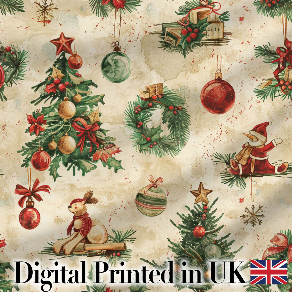 Vintage Christmas Tree Wreath Baubles Rustic Holiday Seamless Pattern Digital Print Fabric by the Metre UK Sewing Quilting Textile
