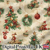 Vintage Christmas Tree Wreath Baubles Rustic Holiday Seamless Pattern Digital Print Fabric by the Metre UK Sewing Quilting Textile
