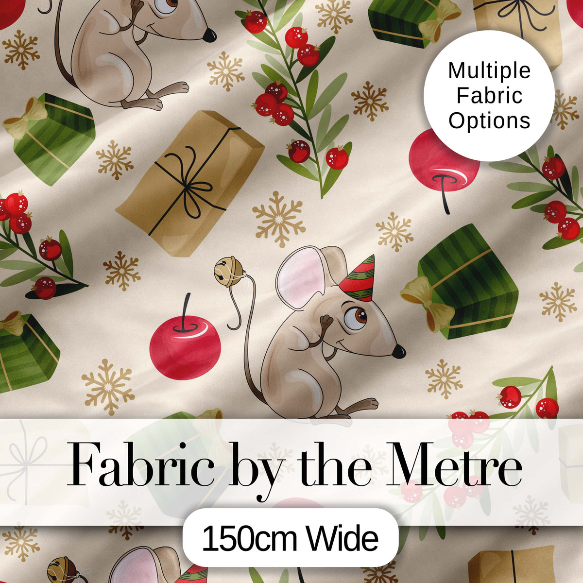 Cute Mouse Gifts Berries Snowflakes Seamless Pattern Festive Holiday Design Digital Print Fabric by the Metre UK Sewing Quilting Textile
