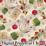 Cute Mouse Gifts Berries Snowflakes Seamless Pattern Festive Holiday Design Digital Print Fabric by the Metre UK Sewing Quilting Textile