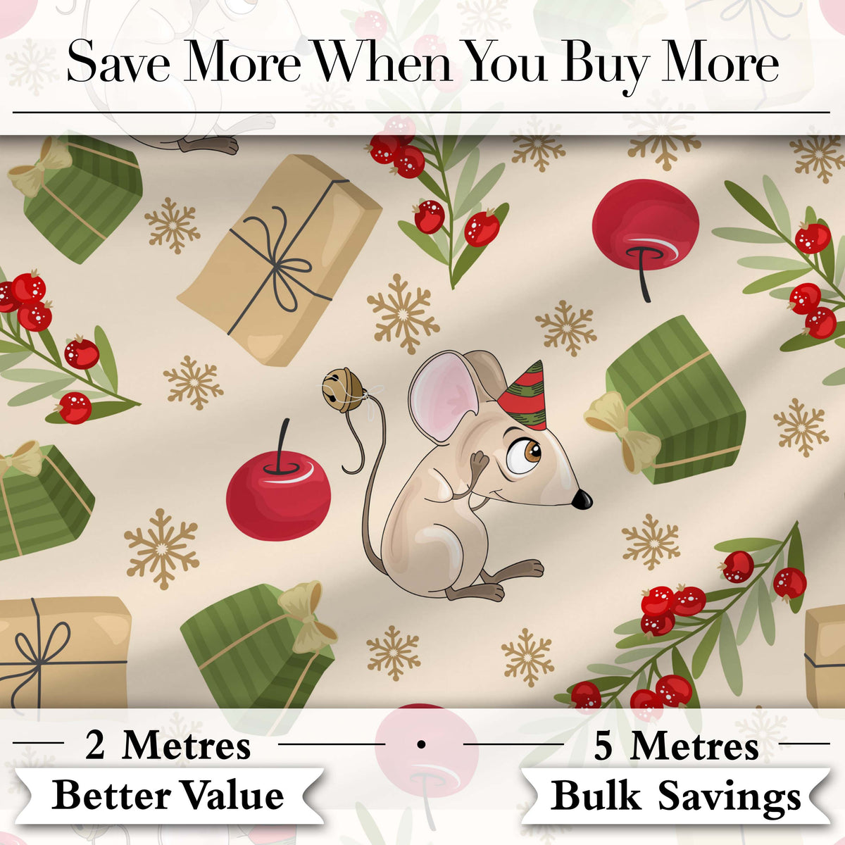 Cute Mouse Gifts Berries Snowflakes Seamless Pattern Festive Holiday Design Digital Print Fabric by the Metre UK Sewing Quilting Textile