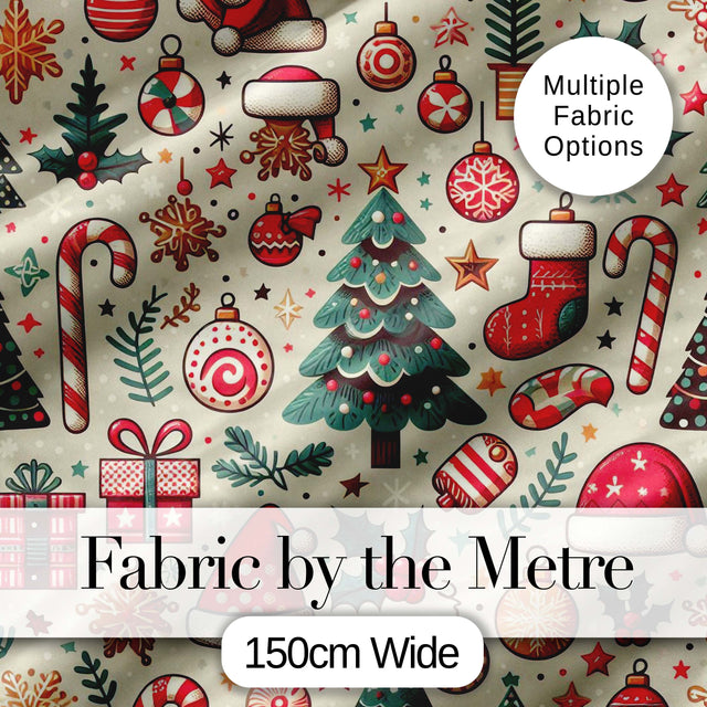 Christmas Tree Candy Cane Baubles Seamless Pattern Festive Holiday Design Digital Print Fabric by the Metre UK Sewing Quilting Textile