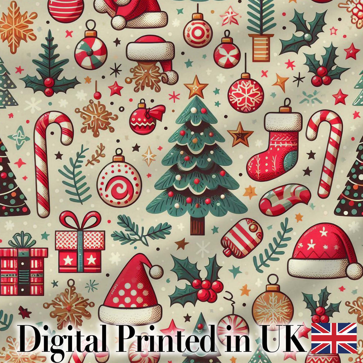 Christmas Tree Candy Cane Baubles Seamless Pattern Festive Holiday Design Digital Print Fabric by the Metre UK Sewing Quilting Textile