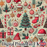 Christmas Tree Candy Cane Baubles Seamless Pattern Festive Holiday Design Digital Print Fabric by the Metre UK Sewing Quilting Textile