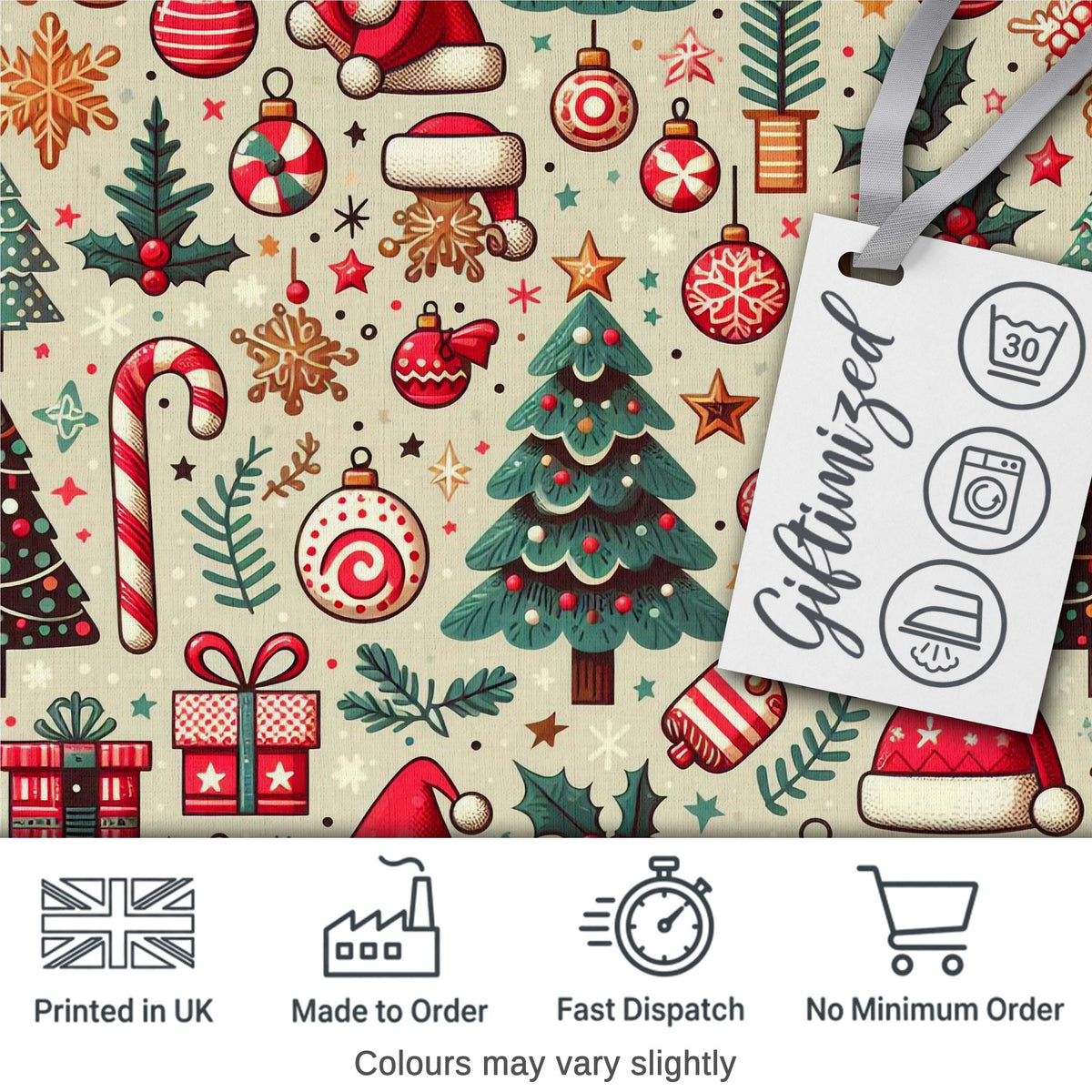 Christmas Tree Candy Cane Baubles Seamless Pattern Festive Holiday Design Digital Print Fabric by the Metre UK Sewing Quilting Textile