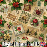 Vintage Christmas Postcards Poinsettia Holly Antique Collage Seamless Pattern Digital Print Fabric by the Metre UK Sewing Quilting Textile