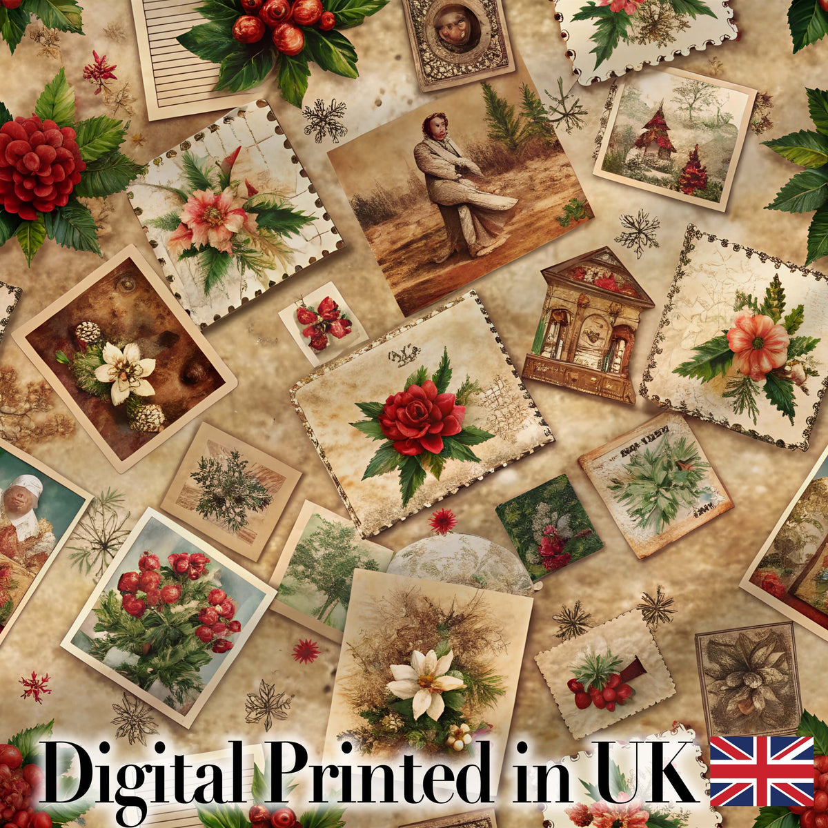 Rustic Vintage Christmas Floral Cards Letters Collage Seamless Pattern Digital Print Fabric by the Metre UK Sewing Quilting Textile
