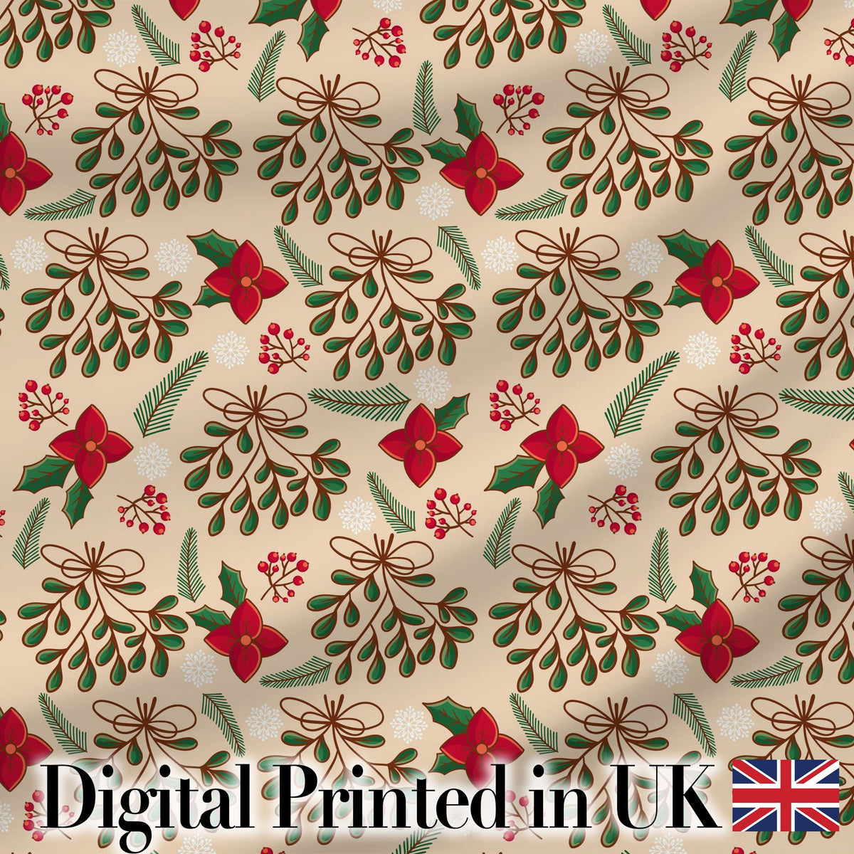 Festive Christmas Bows Holly Flowers Elegant Seamless Pattern Digital Print Fabric by the Metre UK Sewing Quilting Textile