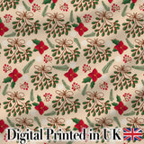 Festive Christmas Bows Holly Flowers Elegant Seamless Pattern Digital Print Fabric by the Metre UK Sewing Quilting Textile