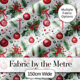 Watercolor Christmas Baubles Holly Pine Branches Seamless Pattern Digital Print Fabric by the Metre UK Sewing Quilting Textile