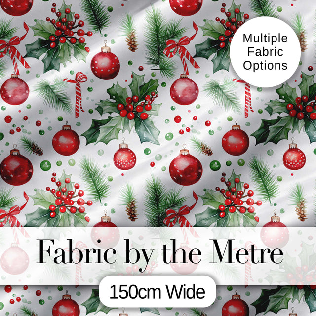 Watercolor Christmas Baubles Holly Pine Branches Seamless Pattern Digital Print Fabric by the Metre UK Sewing Quilting Textile