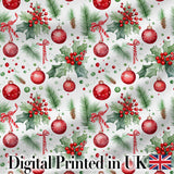 Watercolor Christmas Baubles Holly Pine Branches Seamless Pattern Digital Print Fabric by the Metre UK Sewing Quilting Textile