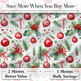 Watercolor Christmas Baubles Holly Pine Branches Seamless Pattern Digital Print Fabric by the Metre UK Sewing Quilting Textile