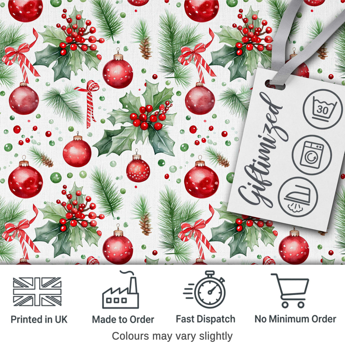 Watercolor Christmas Baubles Holly Pine Branches Seamless Pattern Digital Print Fabric by the Metre UK Sewing Quilting Textile