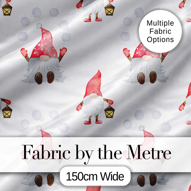 Cute Christmas Gnome Red Hat Lantern Snow Dots Seamless Pattern Digital Print Fabric by the Metre UK Sewing Quilting Textile