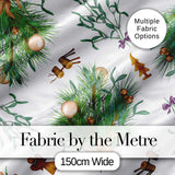 Elegant Christmas Pine Mistletoe Baubles Bells Seamless Pattern Digital Print Fabric by the Metre UK Sewing Quilting Textile