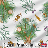 Elegant Christmas Pine Mistletoe Baubles Bells Seamless Pattern Digital Print Fabric by the Metre UK Sewing Quilting Textile