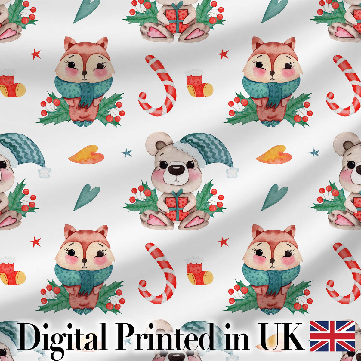 Cute Woodland Animals Bear Fox Christmas Theme Seamless Pattern Digital Print Fabric by the Metre UK Sewing Quilting Textile