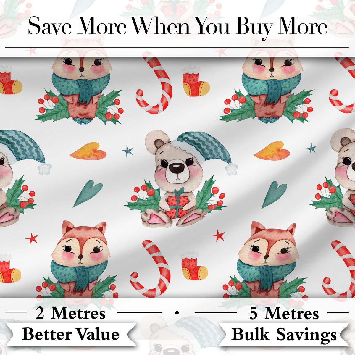 Cute Woodland Animals Bear Fox Christmas Theme Seamless Pattern Digital Print Fabric by the Metre UK Sewing Quilting Textile