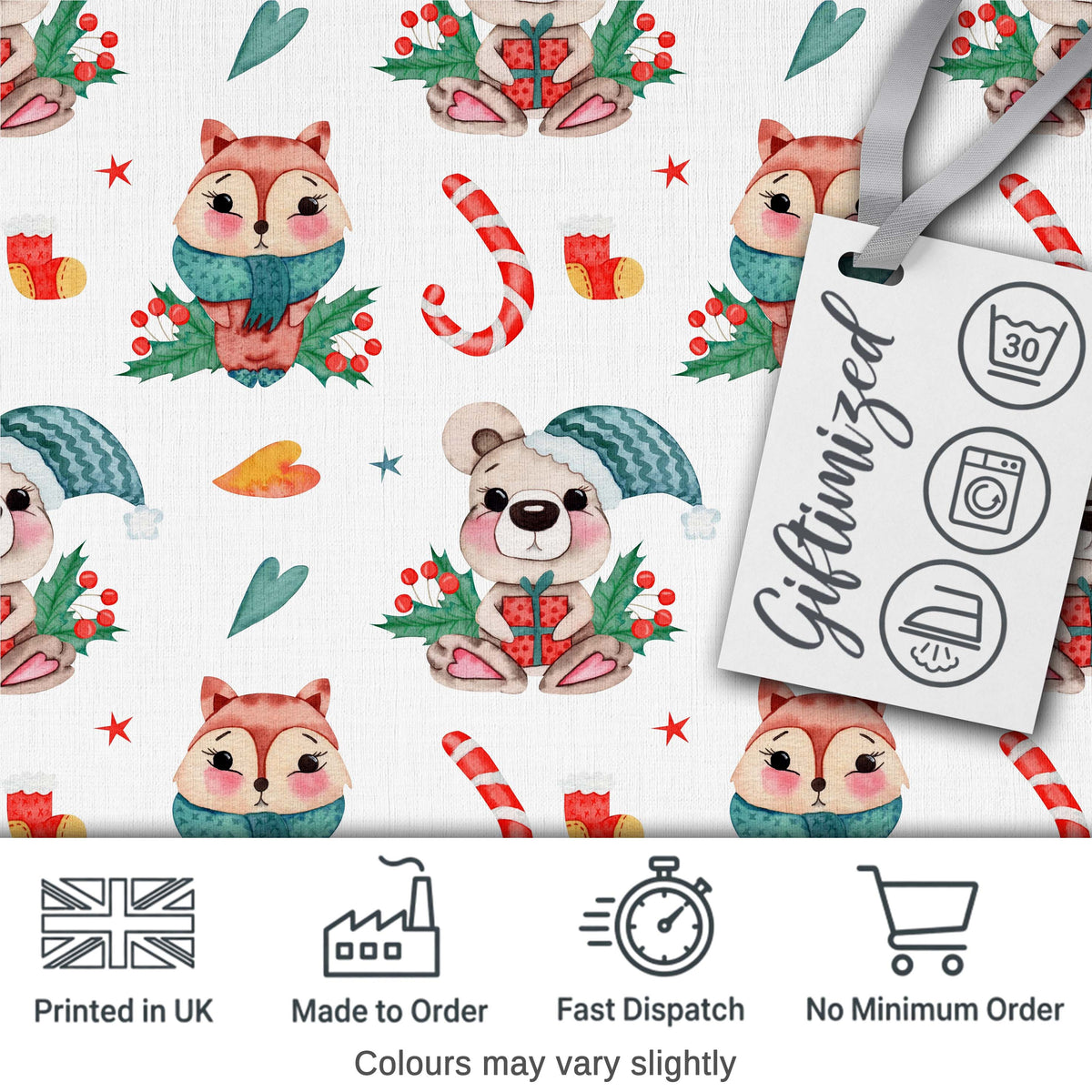 Cute Woodland Animals Bear Fox Christmas Theme Seamless Pattern Digital Print Fabric by the Metre UK Sewing Quilting Textile