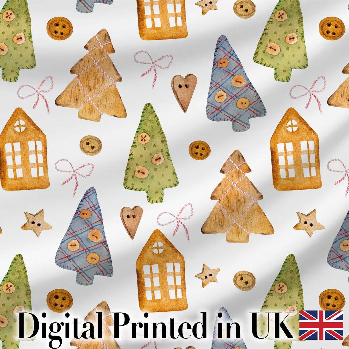 Rustic Christmas Cookies Trees Houses Buttons Seamless Pattern Digital Print Fabric by the Metre UK Sewing Quilting Textile