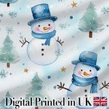 Cute Snowman Winter Trees Snowflakes Seamless Pattern Digital Print Fabric by the Metre UK Sewing Quilting Textile