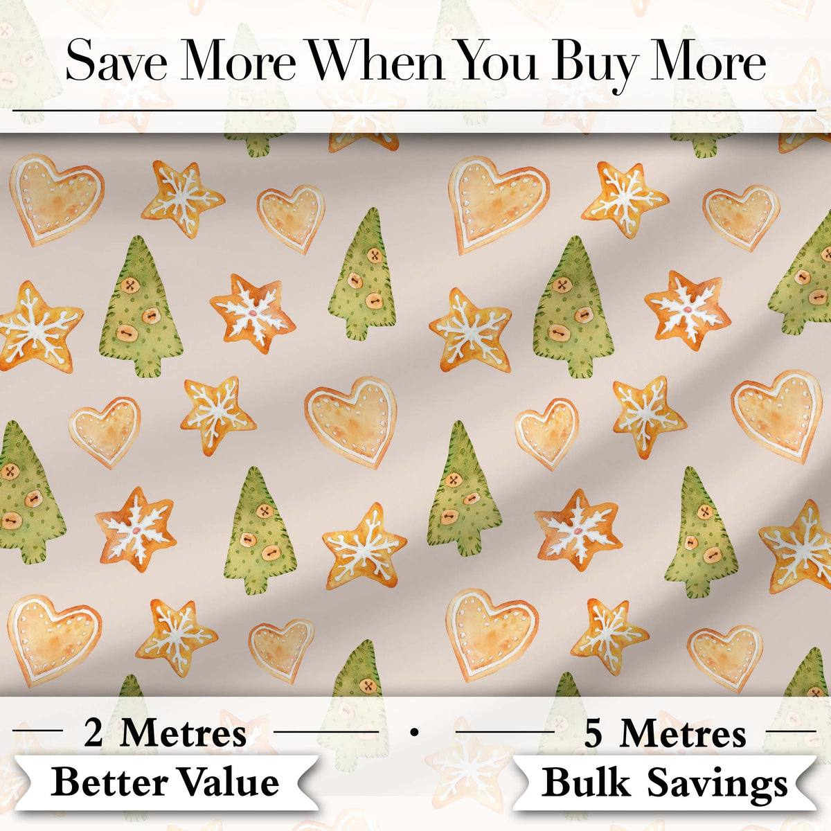Watercolor Christmas Cookies Stars Hearts Trees Festive Seamless Pattern Digital Print Fabric by the Metre UK Sewing Quilting Textile
