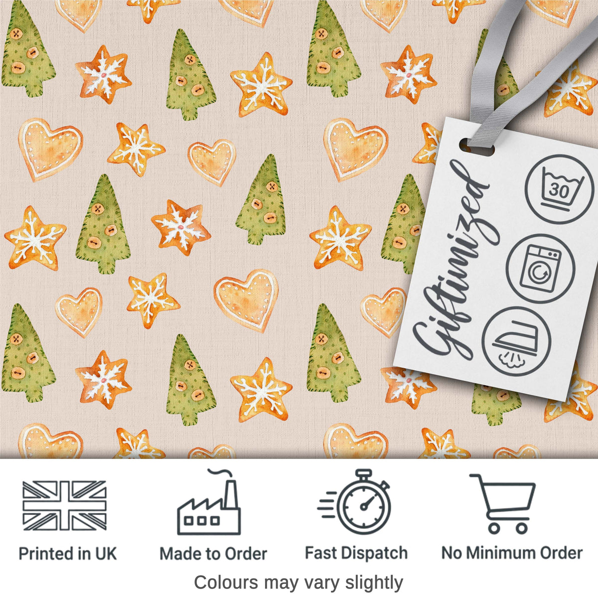 Watercolor Christmas Cookies Stars Hearts Trees Festive Seamless Pattern Digital Print Fabric by the Metre UK Sewing Quilting Textile