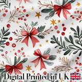 Elegant Christmas Bows Holly Leaves Berries Watercolor Seamless Pattern Digital Print Fabric by the Metre UK Sewing Quilting Textile