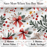 Elegant Christmas Bows Holly Leaves Berries Watercolor Seamless Pattern Digital Print Fabric by the Metre UK Sewing Quilting Textile