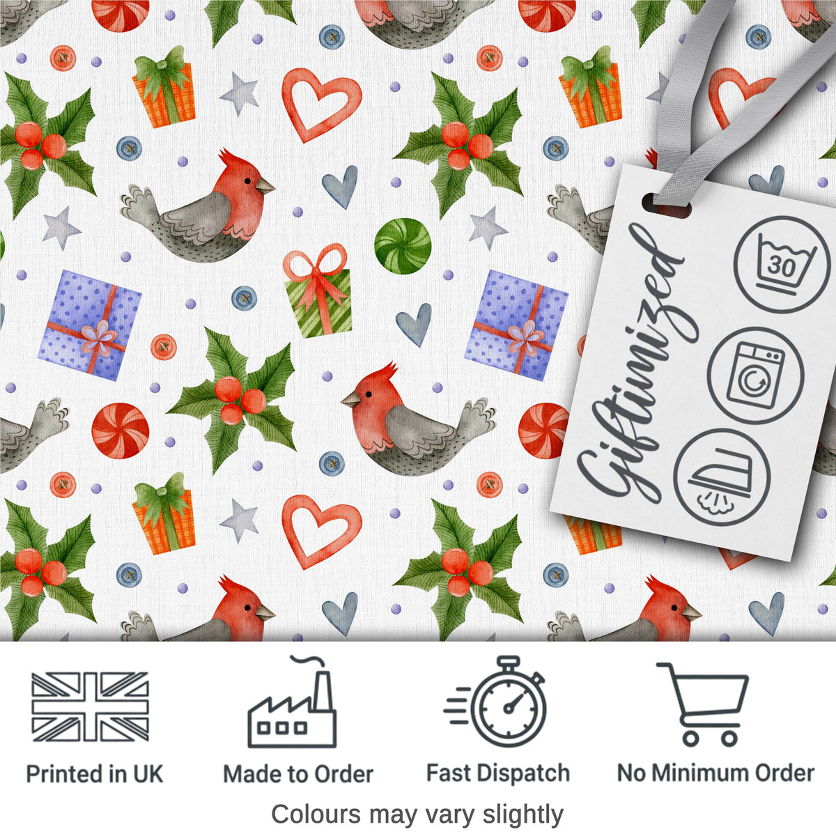 Cute Christmas Birds Gifts Holly Hearts Festive Watercolor Seamless Pattern Digital Print Fabric by the Metre UK Sewing Quilting Textile