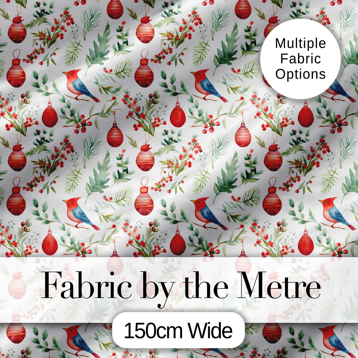 Watercolor Christmas Birds Baubles Holly Leaves Festive Seamless Pattern Digital Print Fabric by the Metre UK Sewing Quilting Textile