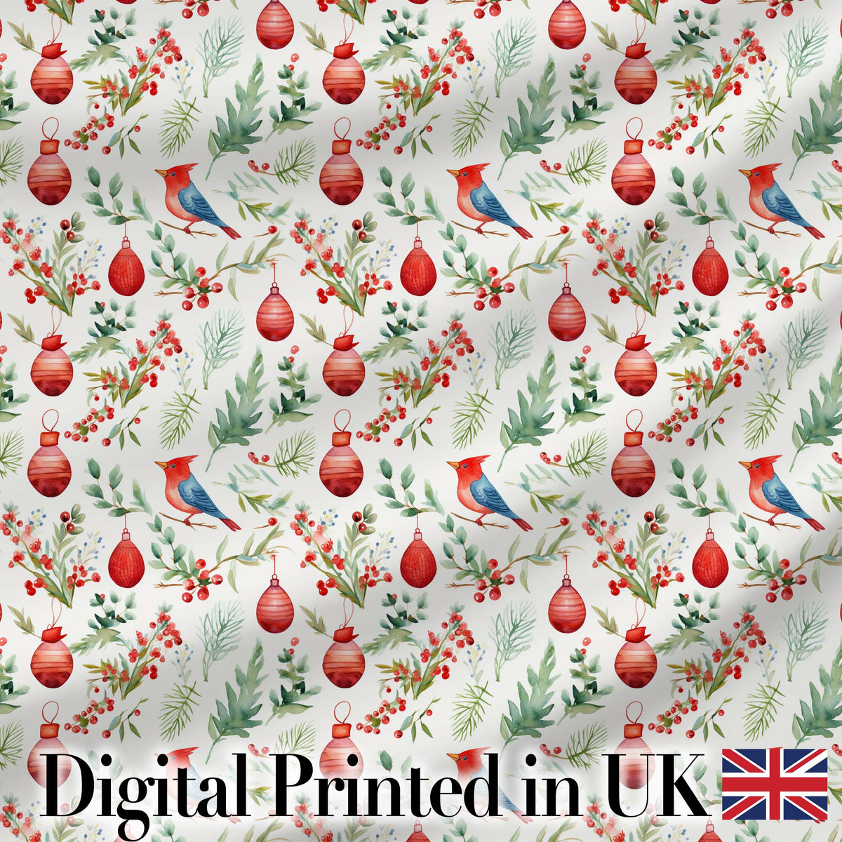 Watercolor Christmas Birds Baubles Holly Leaves Festive Seamless Pattern Digital Print Fabric by the Metre UK Sewing Quilting Textile