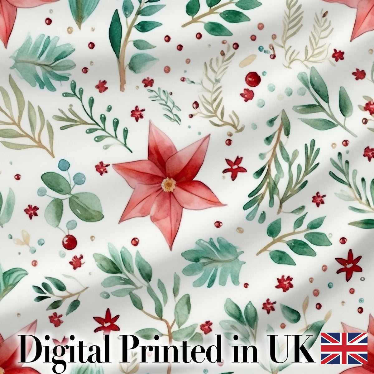 Delicate Christmas Poinsettia Leaves Botanical Watercolor Seamless Pattern Digital Print Fabric by the Metre UK Sewing Quilting Textile
