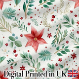 Delicate Christmas Poinsettia Leaves Botanical Watercolor Seamless Pattern Digital Print Fabric by the Metre UK Sewing Quilting Textile