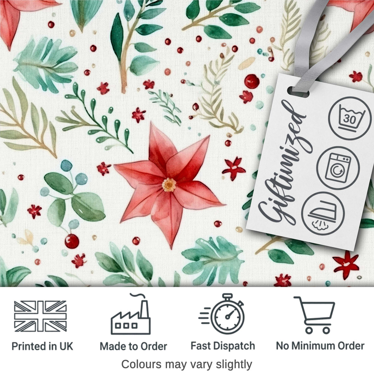 Delicate Christmas Poinsettia Leaves Botanical Watercolor Seamless Pattern Digital Print Fabric by the Metre UK Sewing Quilting Textile
