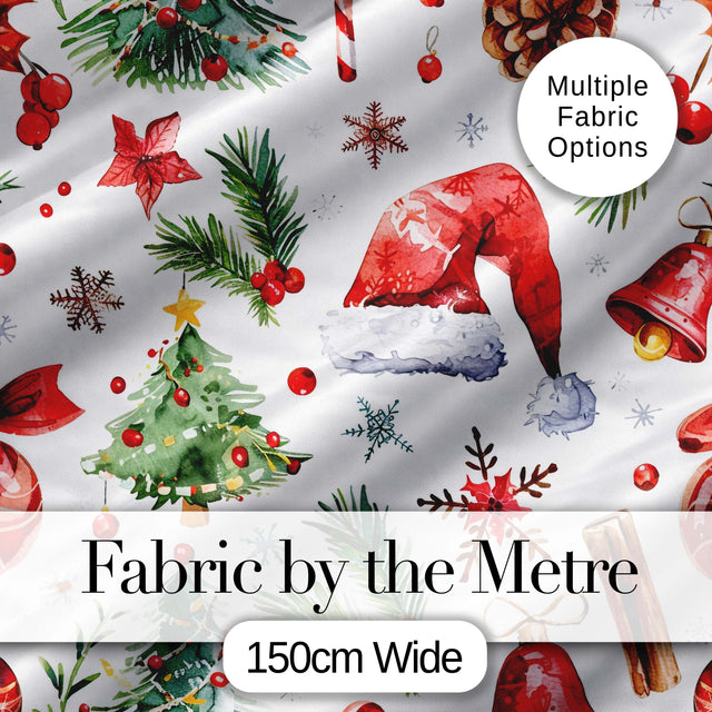 Watercolor Christmas Santa Hat Tree Branches Snowflakes Festive  Digital Print Fabric by the Metre UK Sewing Quilting Textile