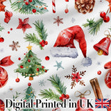 Watercolor Christmas Santa Hat Tree Branches Snowflakes Festive  Digital Print Fabric by the Metre UK Sewing Quilting Textile