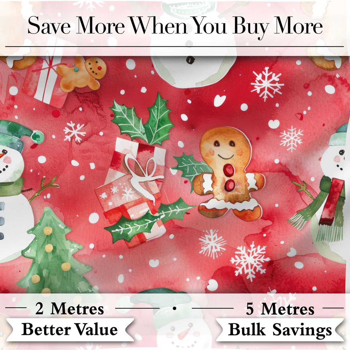 Festive Gingerbread Cookies Gifts Holly Snowflakes Watercolor Seamless Pattern Digital Print Fabric by the Metre UK Sewing Quilting Textile