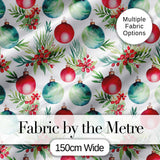 Watercolor Christmas Baubles Holly Leaves Festive Seamless Pattern Digital Print Fabric by the Metre UK Sewing Quilting Textile