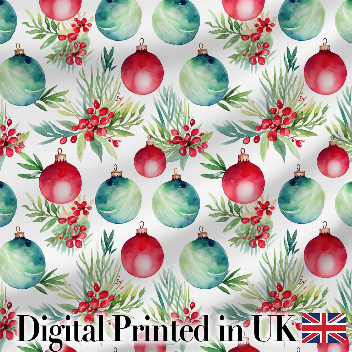 Watercolor Christmas Baubles Holly Leaves Festive Seamless Pattern Digital Print Fabric by the Metre UK Sewing Quilting Textile