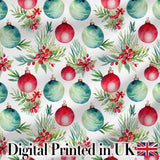 Watercolor Christmas Baubles Holly Leaves Festive Seamless Pattern Digital Print Fabric by the Metre UK Sewing Quilting Textile