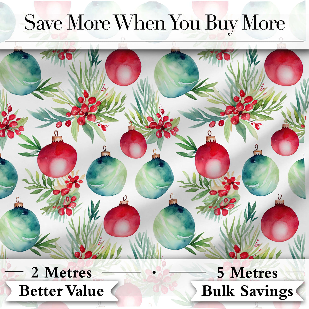 Watercolor Christmas Baubles Holly Leaves Festive Seamless Pattern Digital Print Fabric by the Metre UK Sewing Quilting Textile