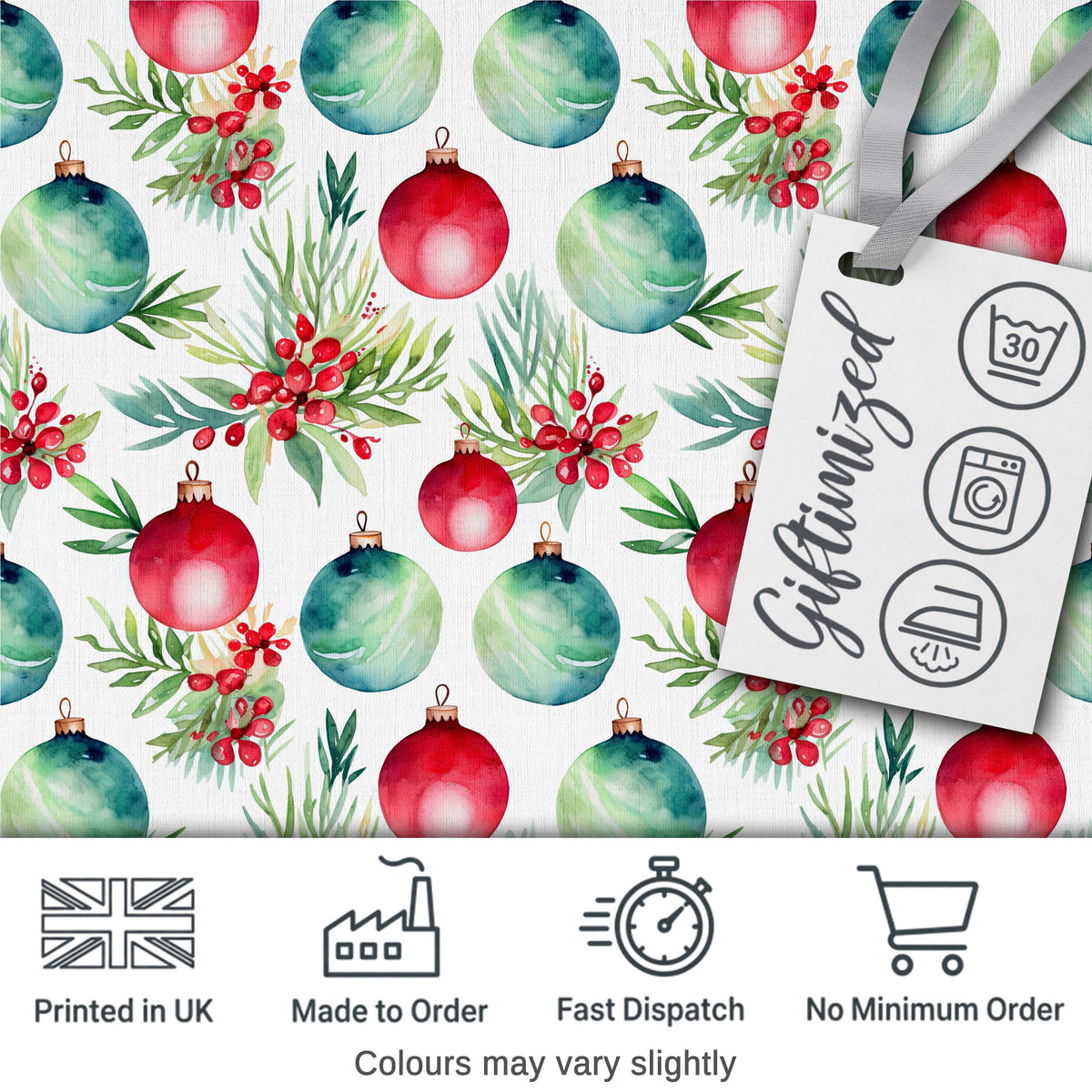 Watercolor Christmas Baubles Holly Leaves Festive Seamless Pattern Digital Print Fabric by the Metre UK Sewing Quilting Textile